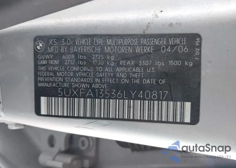 2006 BMW X5 3.0I z USA, uszkodzony, nr VIN 5UXFA13536LY40817